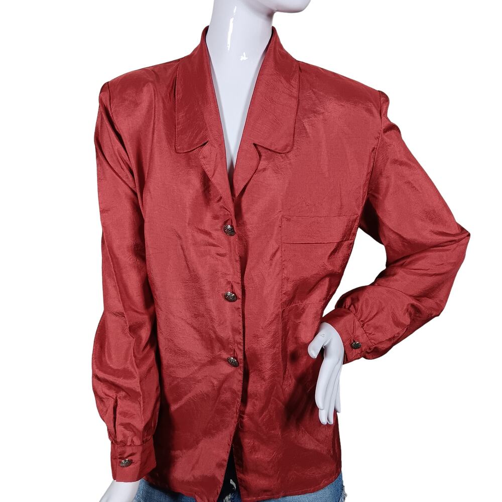Vintage Kelly Scott Size 14 Burn Red Button Down Shirt Collared Silky Long Sleev